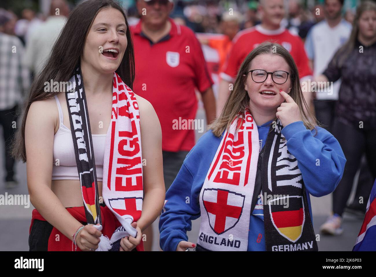 London, UK. 31st July, 2022. Euro 2022: Fans arrive at Wembley Stadium ahead of UEFA Womens EURO England vs Germany match final. Credit: Guy Corbishley/Alamy Live News Stock Photo