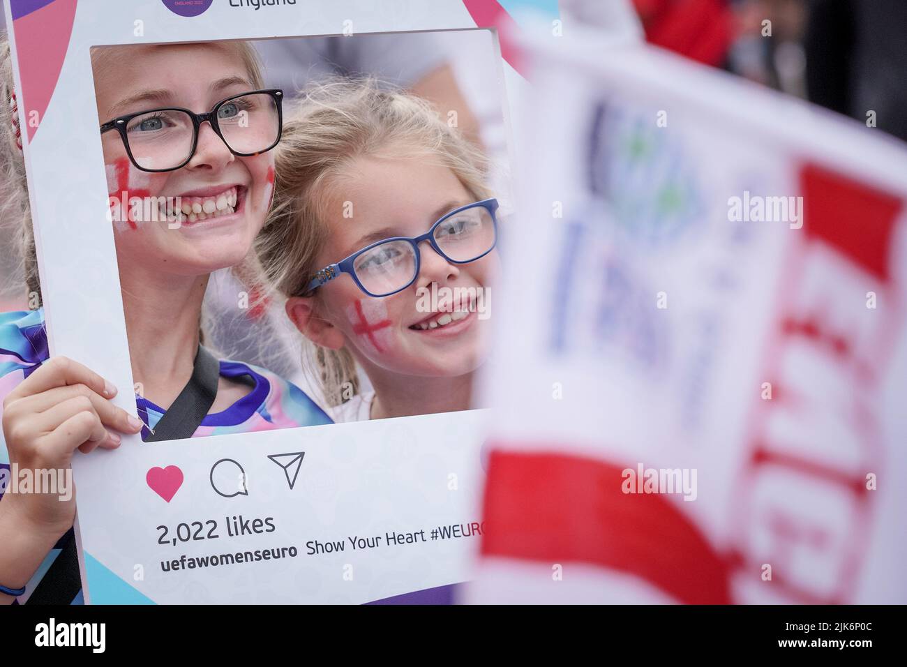 London, UK. 31st July, 2022. Euro 2022: Young female fans arrive at Wembley Stadium ahead of UEFA Womens EURO England vs Germany match final. Credit: Guy Corbishley/Alamy Live News Stock Photo