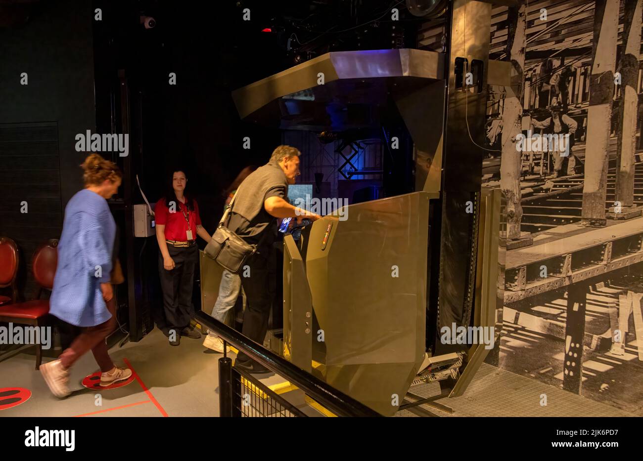 visitors entering cabin for dark ride, Titanic Belfast visitor attraction, Belfast, Northern Ireland, UK Stock Photo