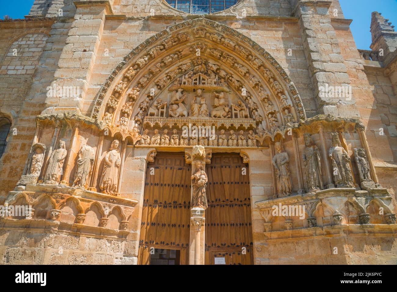 Facade of Santa Maria la Real church. Sasamon, Burgos province, Castilla Leon, Spain. Stock Photo