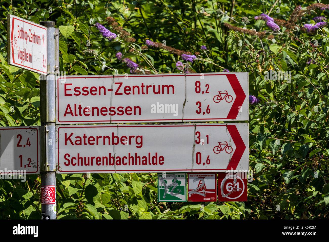 Cycle path signpost in Essen, Ruhr Area, Germany Stock Photo