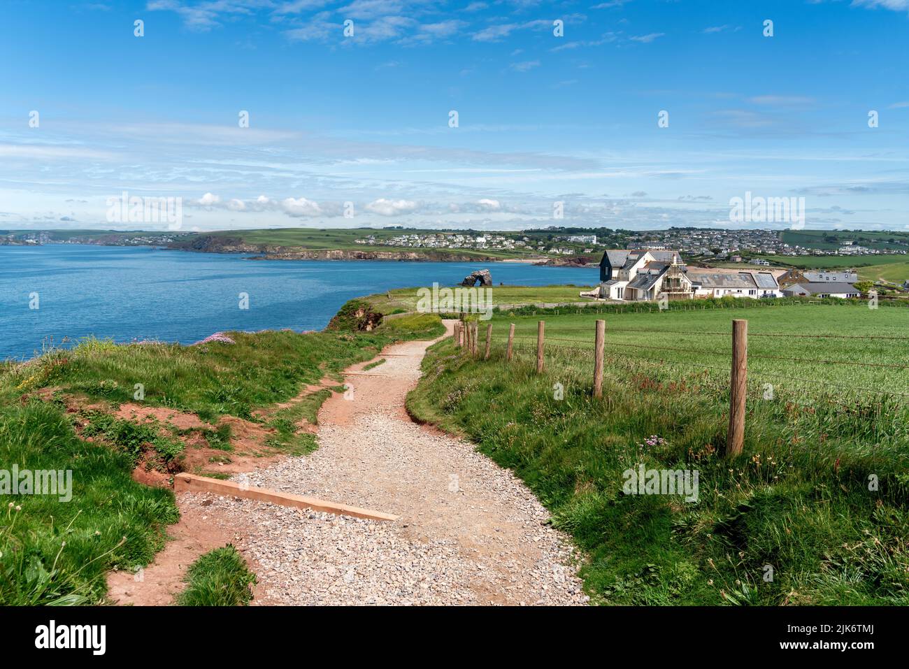 View along the South West Coastal Path towards Thurlestone in Devon Stock Photo