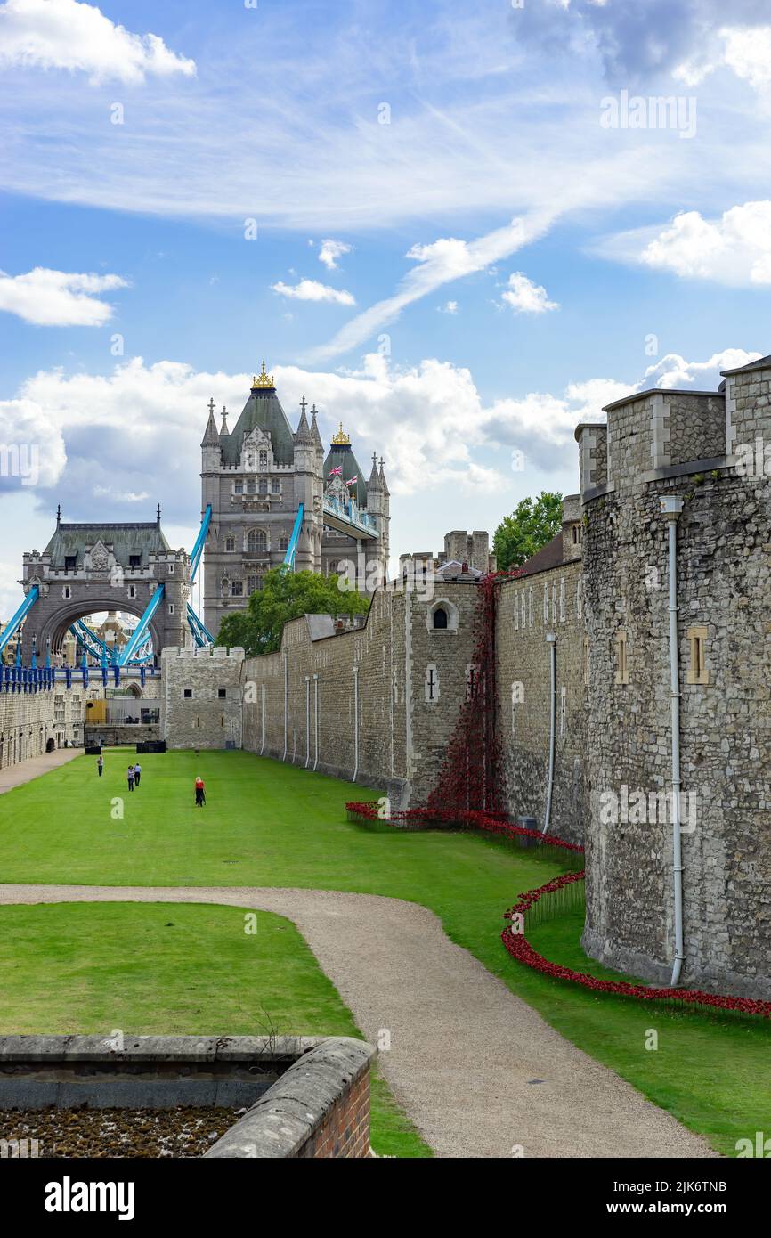 LONDON, UK - AUGUST 22. View from the  Tower of London towards Tower Bridge in London on August 22, 2014. Unidentified people Stock Photo