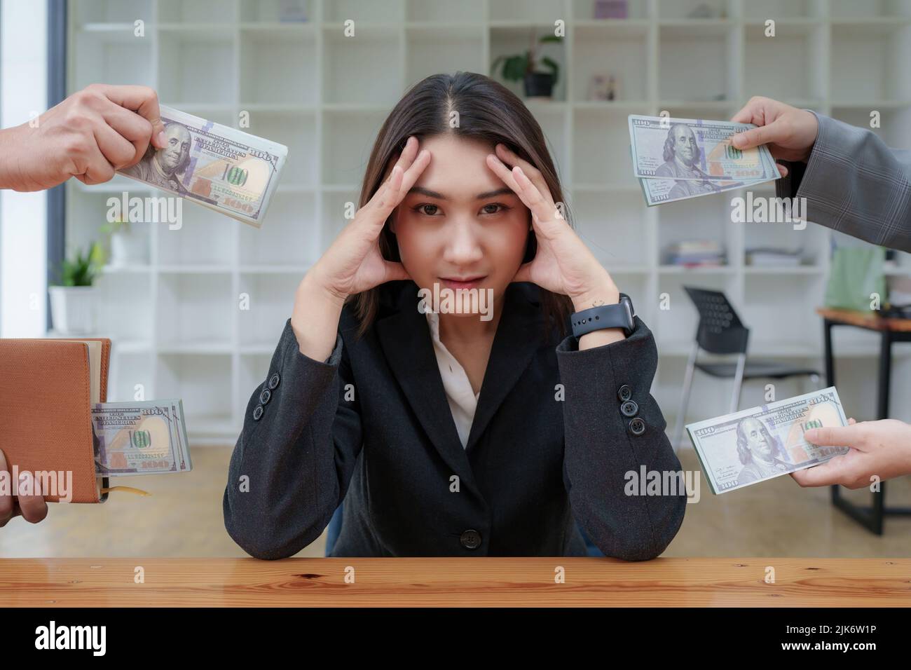Anti Bribery and corruption concept. Business woman refusing dirty money to agreement contract. Stock Photo