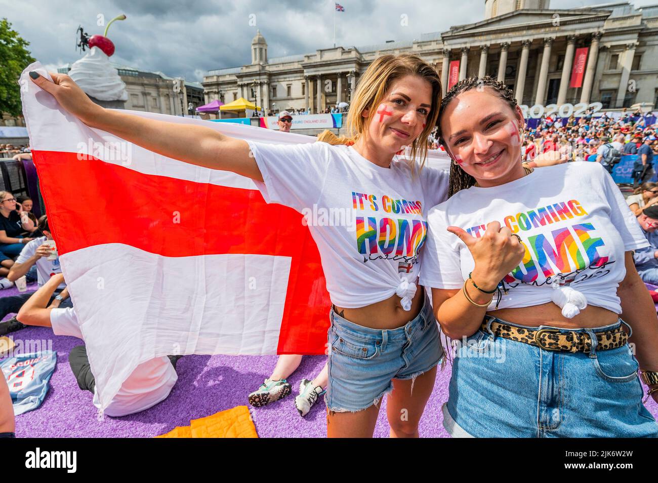 London, UK. 31st July, 2022. Its coming home - England v Germany UEFA Women's EURO 2022 final match fanzone in Trafalgar Square. Organised by the Mayor of London Sadiq Khan, and tournament organisers. It offered free access for up to 7,000 supporters. Credit: Guy Bell/Alamy Live News Stock Photo