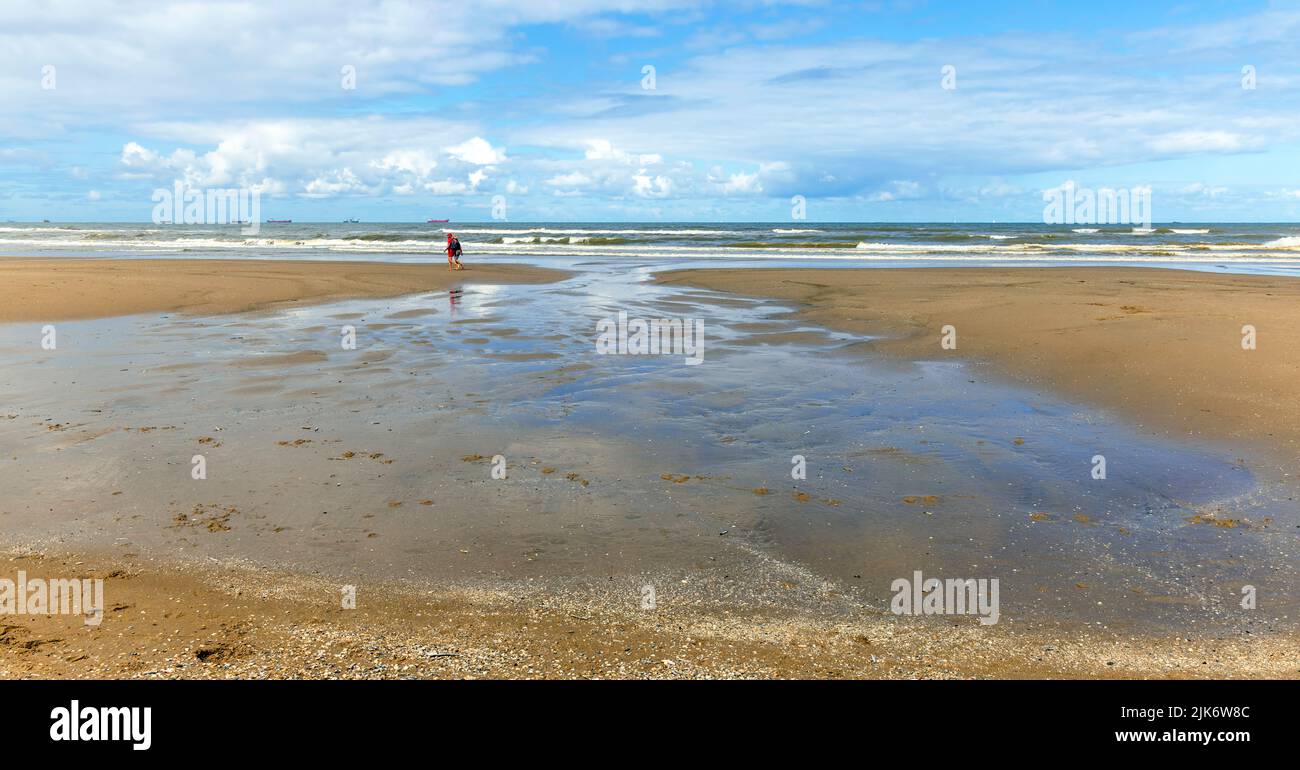 People hiking on the beach along the North Sea, Katwijk, South Holland, The Netherlands. Stock Photo