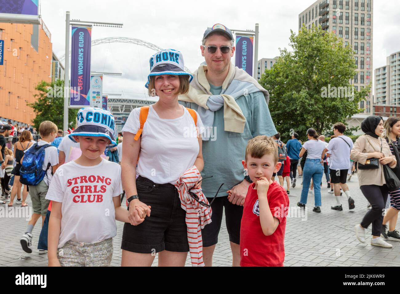 Wembley Stadium, London,UK. 31st July 2022.Football fans gather on Olympic Way ahead of the UEFA Womens Euro 2022 Final between England and Germany at Wembley Stadium.  Today's match is very much a family affair, with many young children able to enjoy the atomsphere since the surround areas are a no alcohol zone following the events of last years Mens Euro Finals. Amanda Rose/Alamy Live News Stock Photo
