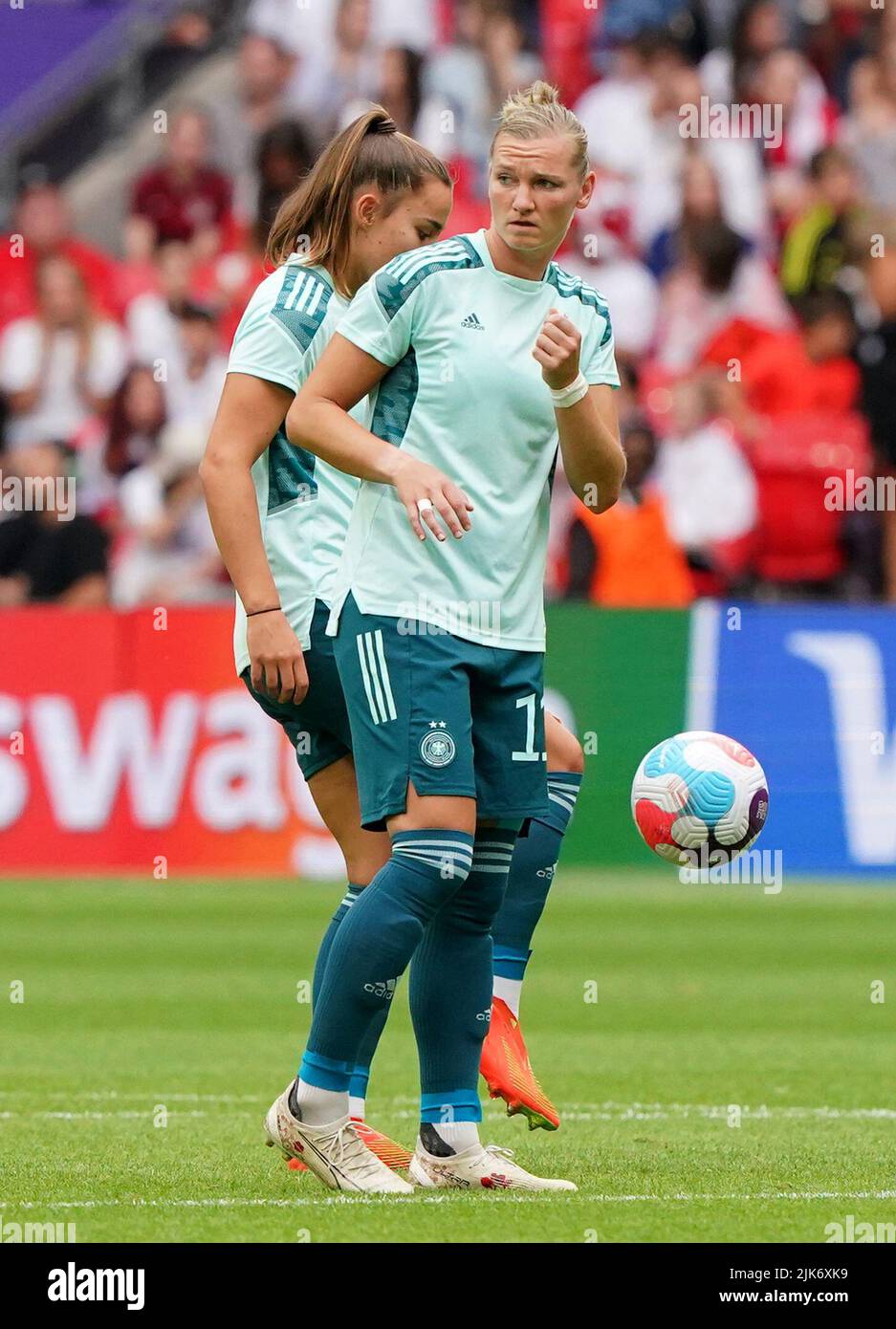 Germany's Alexandra Popp and team-mates warming up before the UEFA Women's Euro 2022 final at Wembley Stadium, London. Picture date: Sunday July 31, 2022. Stock Photo
