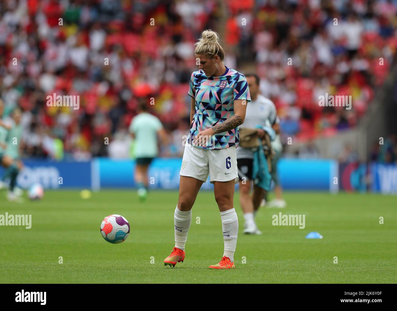 London, UK. 31st July, 2022. 31st July 2022; Wembley Stadium, London, England: Womens European International final, England versus Germany: Millie Bright of England warming up Credit: Action Plus Sports Images/Alamy Live News Credit: Action Plus Sports Images/Alamy Live News Credit: Action Plus Sports Images/Alamy Live News Credit: Action Plus Sports Images/Alamy Live News Stock Photo