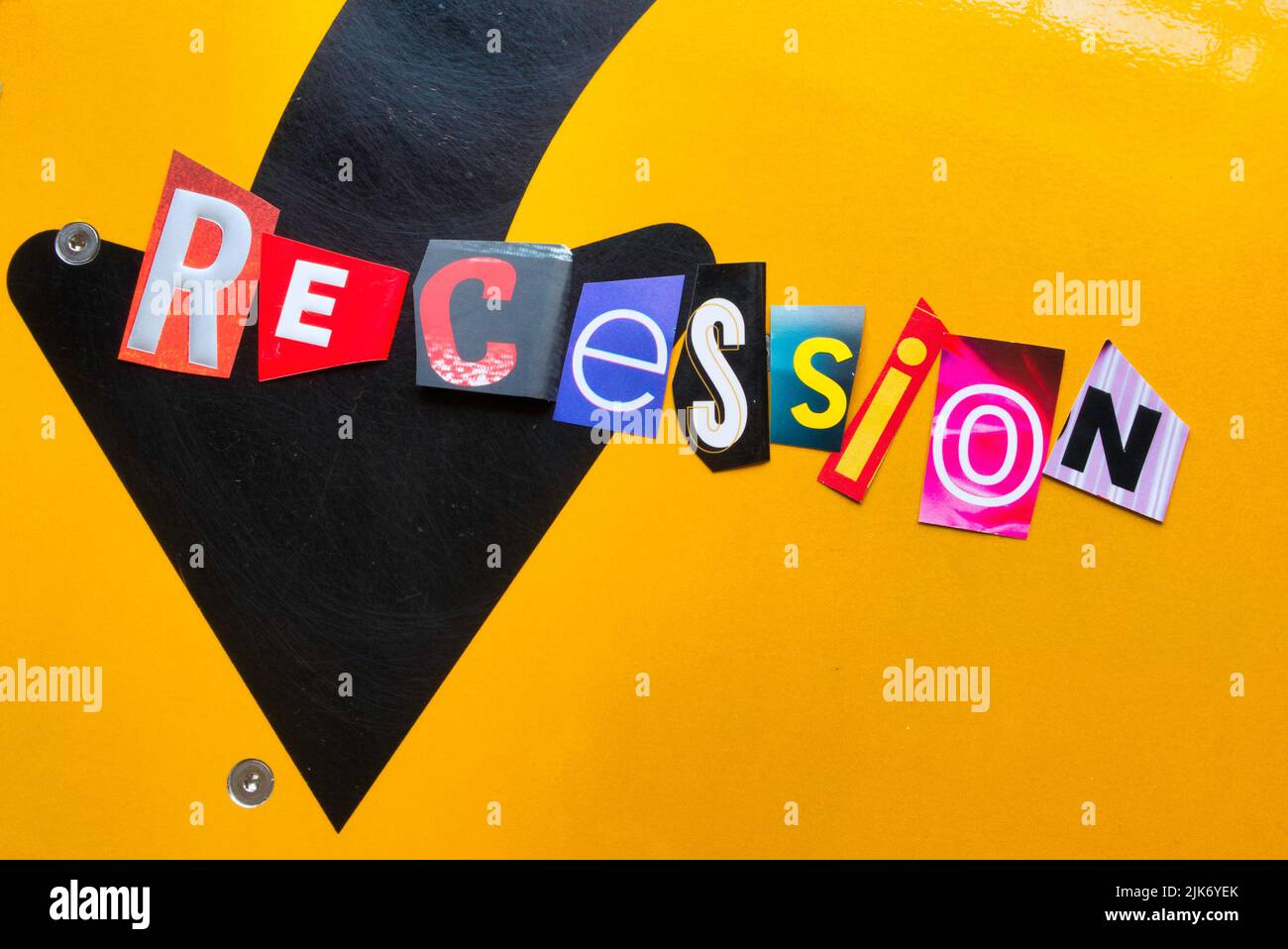 The Word 'Recession' is spelled out in ransom note style typography, USA  2022 Stock Photo