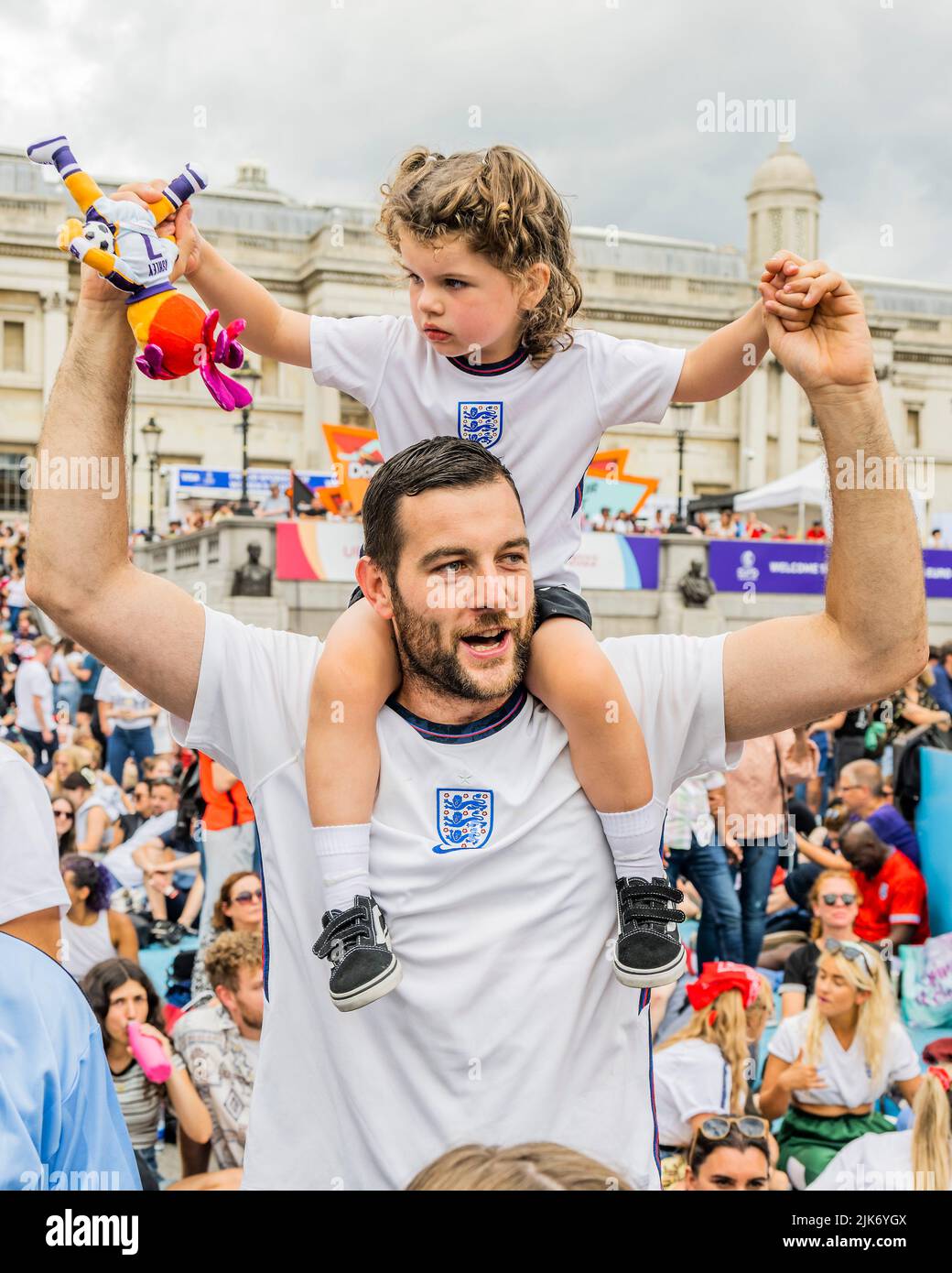 London, UK. 31st July, 2022. England fans - England v Germany UEFA Women's EURO 2022 final match fanzone in Trafalgar Square. Organised by the Mayor of London Sadiq Khan, and tournament organisers. It offered free access for up to 7,000 supporters. Credit: Guy Bell/Alamy Live News Stock Photo
