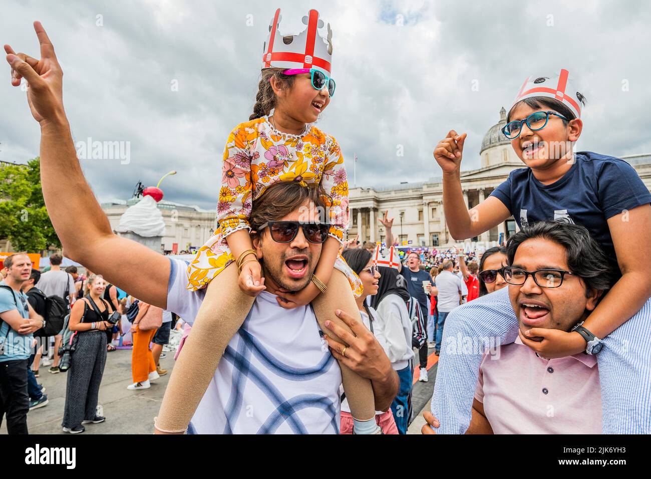 London, UK. 31st July, 2022. England fans - England v Germany UEFA Women's EURO 2022 final match fanzone in Trafalgar Square. Organised by the Mayor of London Sadiq Khan, and tournament organisers. It offered free access for up to 7,000 supporters. Credit: Guy Bell/Alamy Live News Stock Photo
