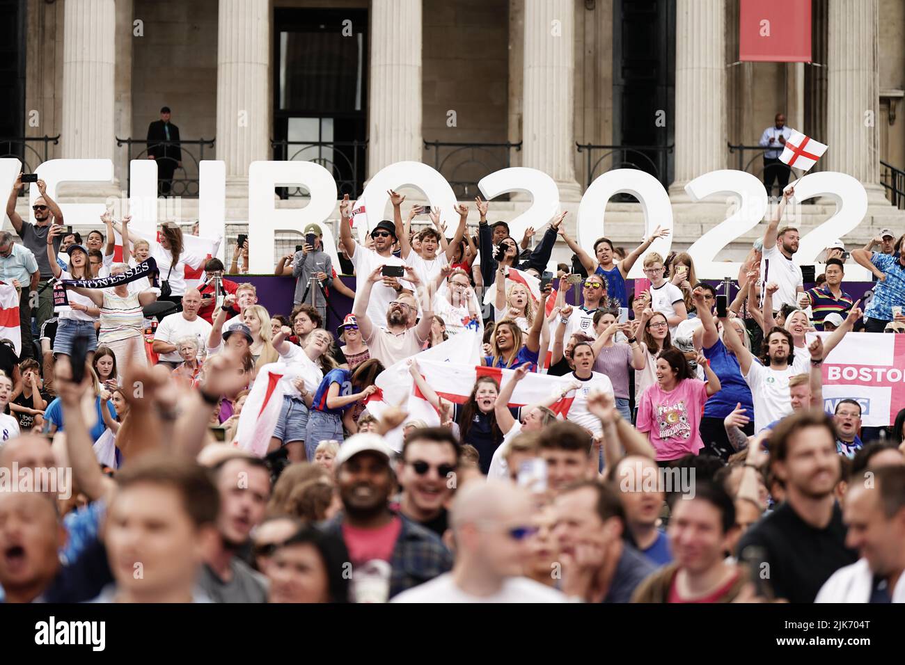 Fans in Trafalgar Square, London, before a screening of the UEFA Women's Euro 2022 final held at Wembley Stadium, London. Picture date: Sunday July 31, 2022. Stock Photo