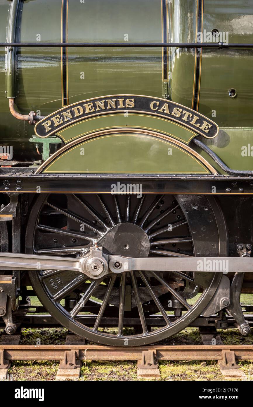 Nameplate of GWR 'Castle' 4-6-0 No. 4079 'Pendennis Castle', Didcot Railway Centre, Oxfordshire, England, UK Stock Photo