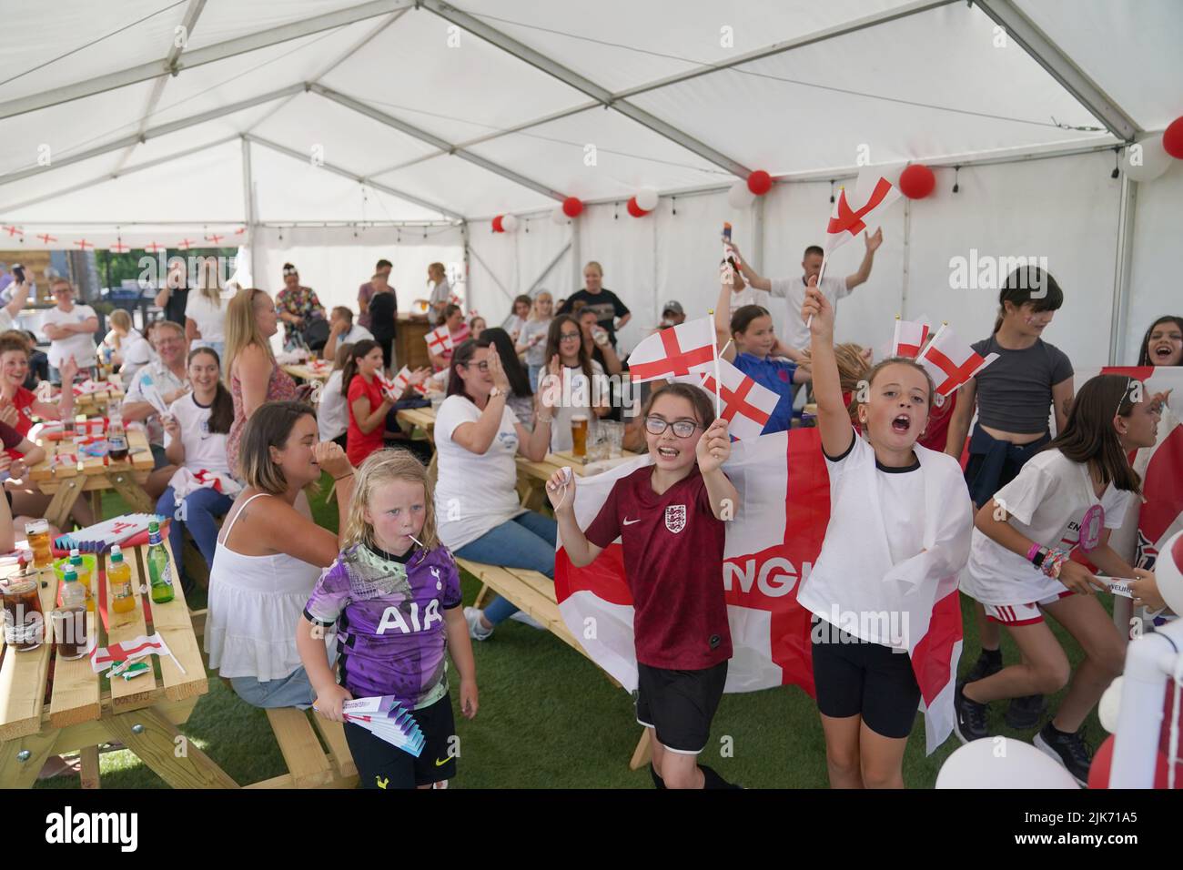 Fans at Aylesbury United WFC, the former club of Lionesses forward Ellen White, in Bierton, Aylesbury, before a screening of the UEFA Women's Euro 2022 final held at Wembley Stadium, London. Picture date: Sunday July 31, 2022. Stock Photo