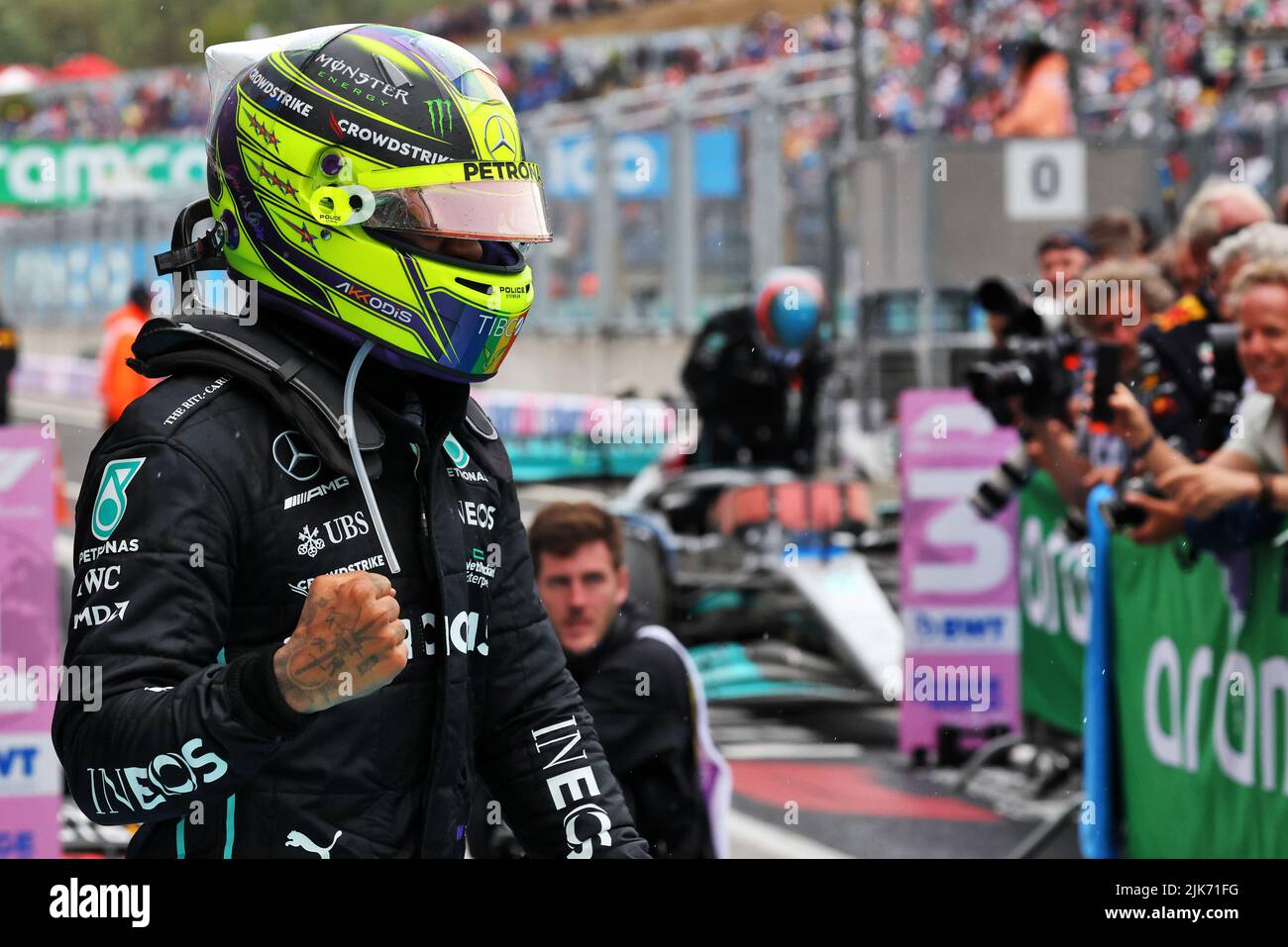 Lewis Hamilton (GBR) Mercedes AMG F1 celebrates his second position in parc ferme. 31.07.2022. Formula 1 World Championship, Rd 13, Hungarian Grand Prix, Budapest, Hungary, Race Day.  Photo credit should read: XPB/Press Association Images. Stock Photo