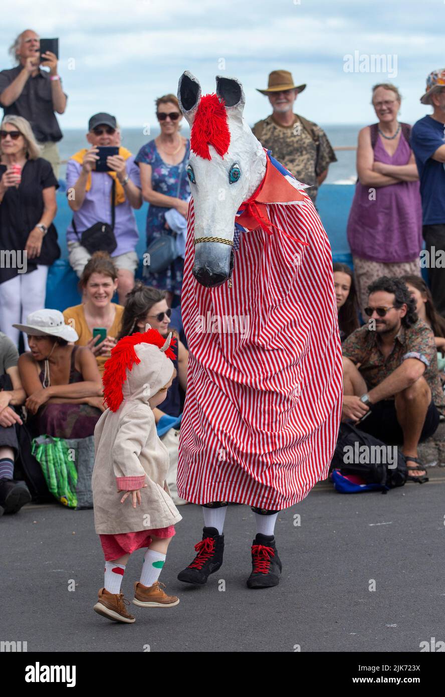 Sidmouth, UK. 31st July 2022 Horsing around: Sidmouth Horse Trials, an event for Hobby Horses and 'Beasts' held as part of the annual Folk Festival, back in full swing after the recent Covid years. Tony Charnock/Alamy Live News Stock Photo
