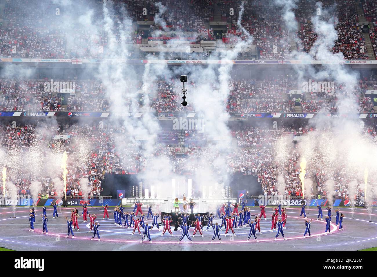 General view as Becky Hill, Ultra Nate and Stefflon Don perform before the UEFA Women's Euro 2022 final at Wembley Stadium, London. Picture date: Sunday July 31, 2022. Stock Photo