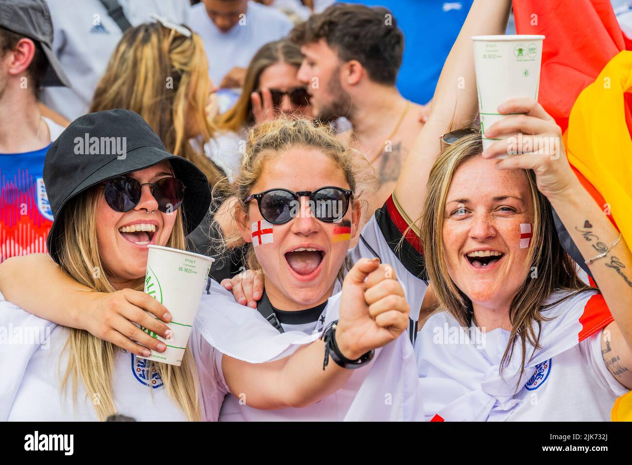 London, UK. 31st July, 2022. England v Germany UEFA Women's EURO 2022 final match fanzone in Trafalgar Square. Organised by the Mayor of London Sadiq Khan, and tournament organisers. It offered free access for up to 7,000 supporters. Credit: Guy Bell/Alamy Live News Stock Photo