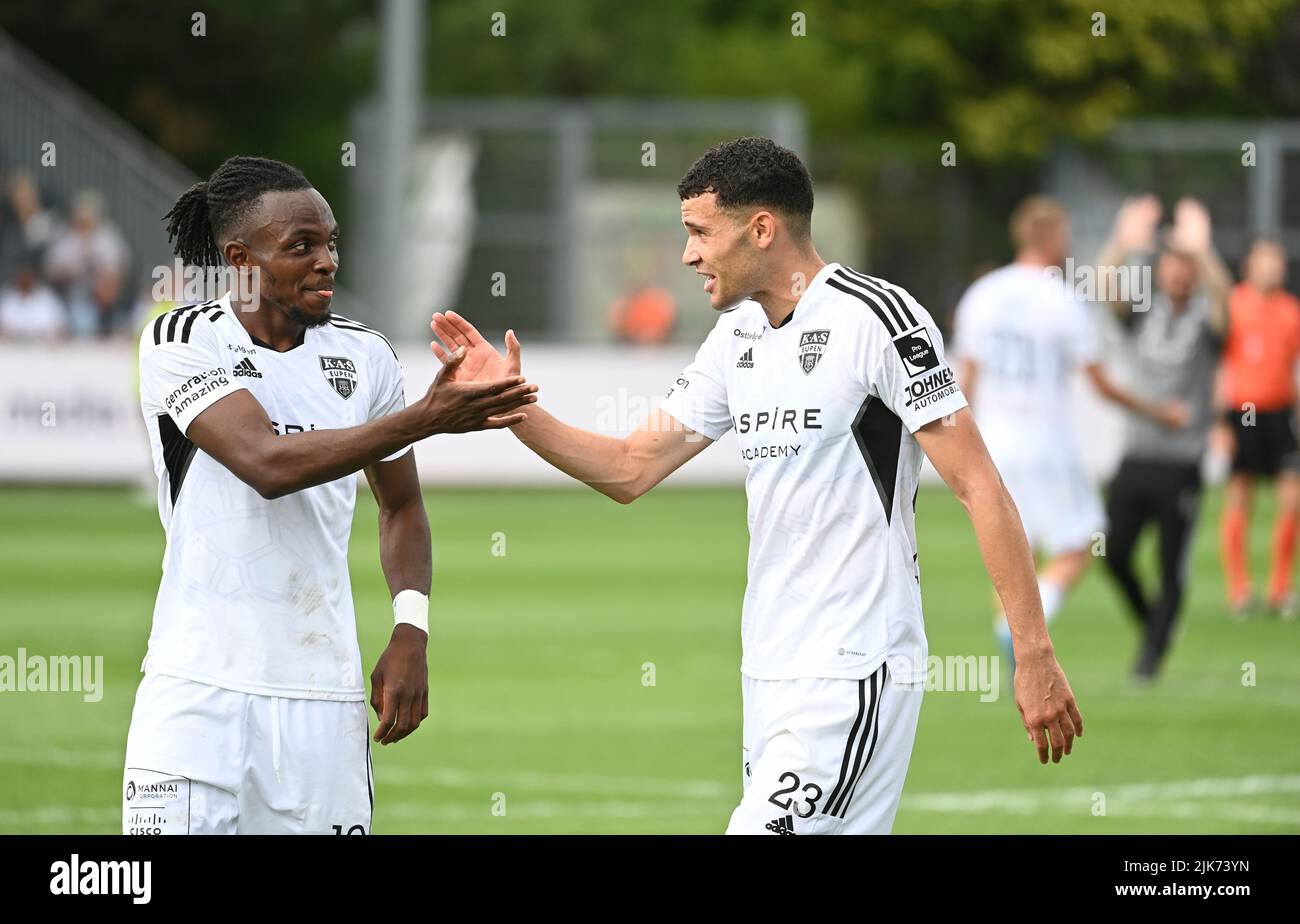 Belgium. 31st July, 2022. Eupen's Regan Charles-Cook, Eupen's Isaac Christie-Davies celebrate after winning and during a soccer match between KAS Eupen and Club Brugge KV, Sunday 31 July 2022 in Eupen, on day 2 of the 2022-2023 'Jupiler Pro League' first division of the Belgian championship. BELGA PHOTO JOHN THYS Credit: Belga News Agency/Alamy Live News Stock Photo