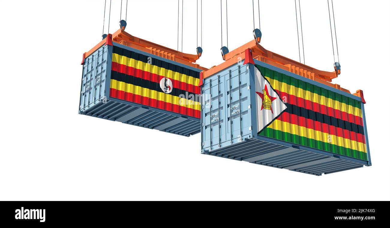 Cargo containers with Uganda and Zimbabwe national flags. 3D Rendering