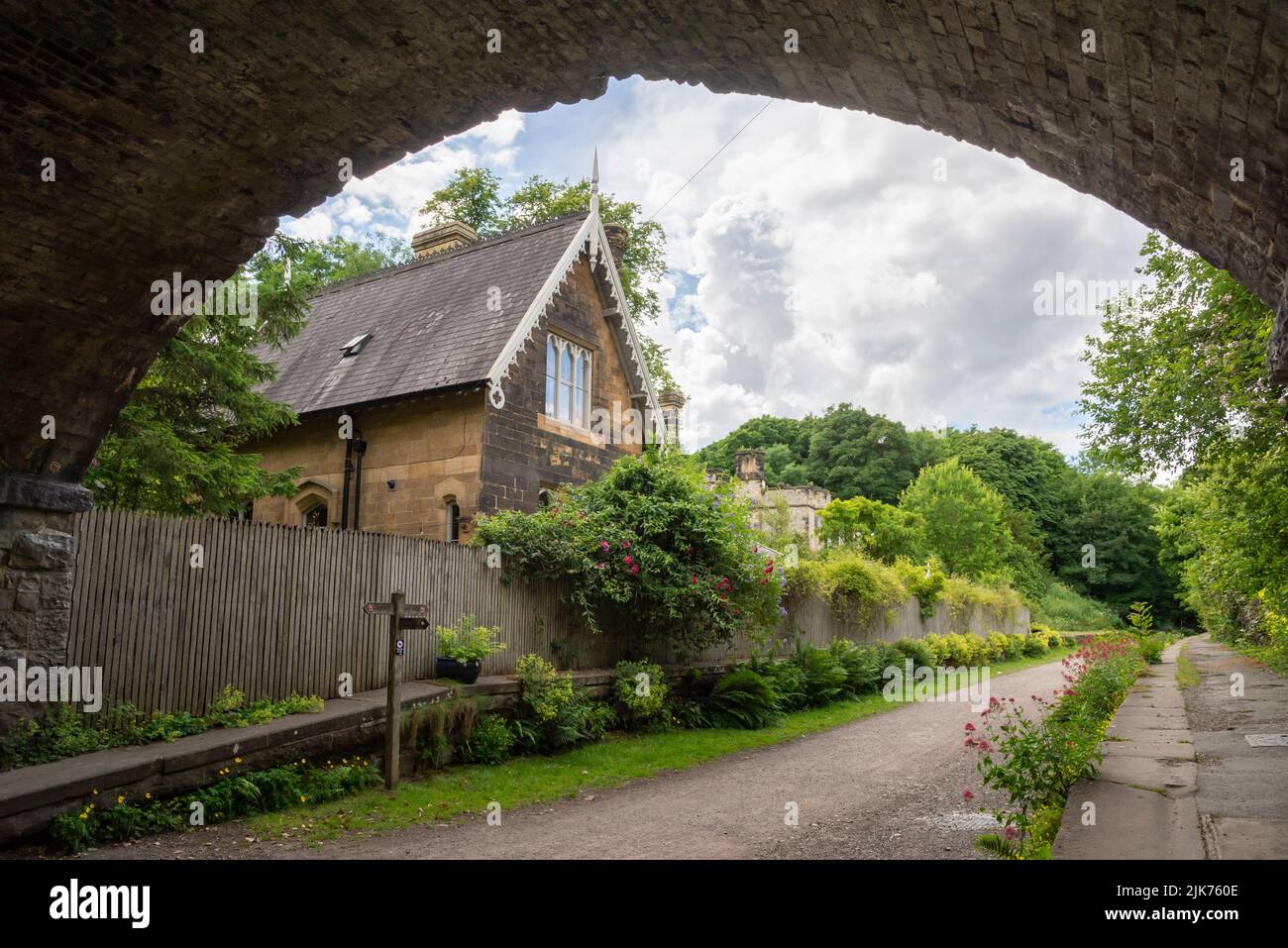 Old railway station near Great Longstone and Thornbridge Hall on the Monsal trail in the Peak District, Derbyshire. Stock Photo