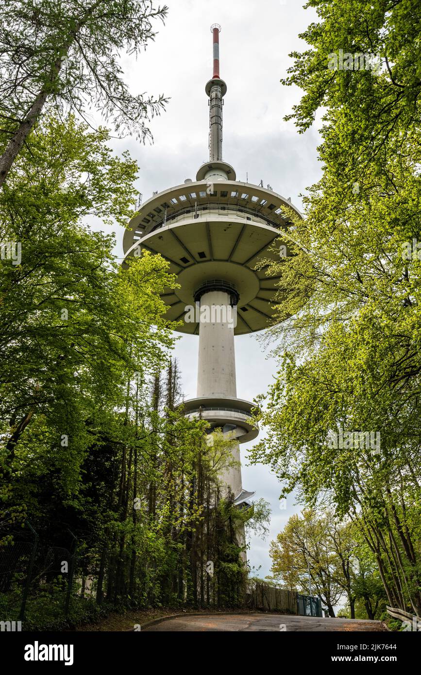 The iconic Jakobsberg Telecommunication Tower on the western side of the Weser gorge near the town of Porta Westfalica, Germany Stock Photo