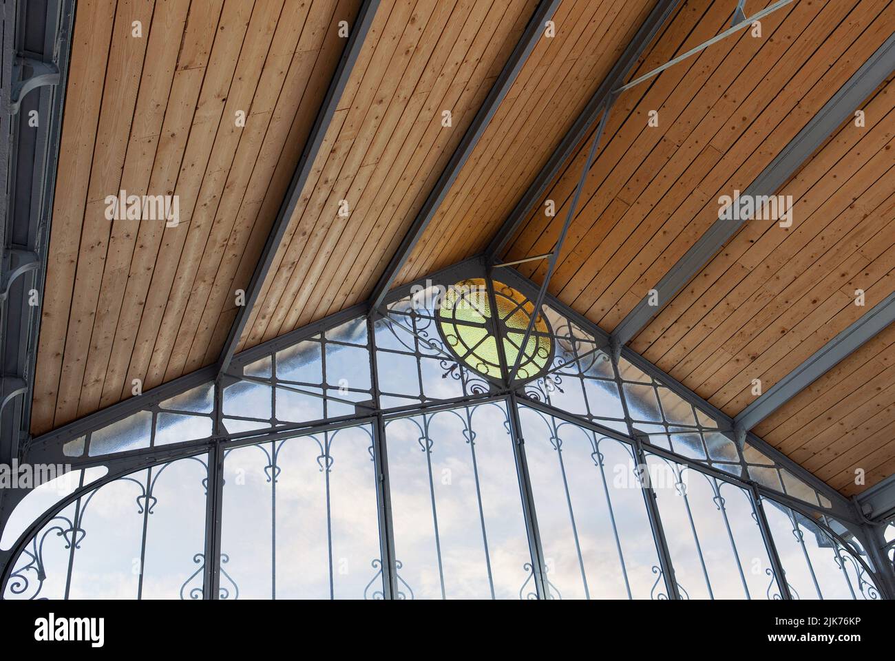 Wooden ceiling and canopy in a covered market Stock Photo
