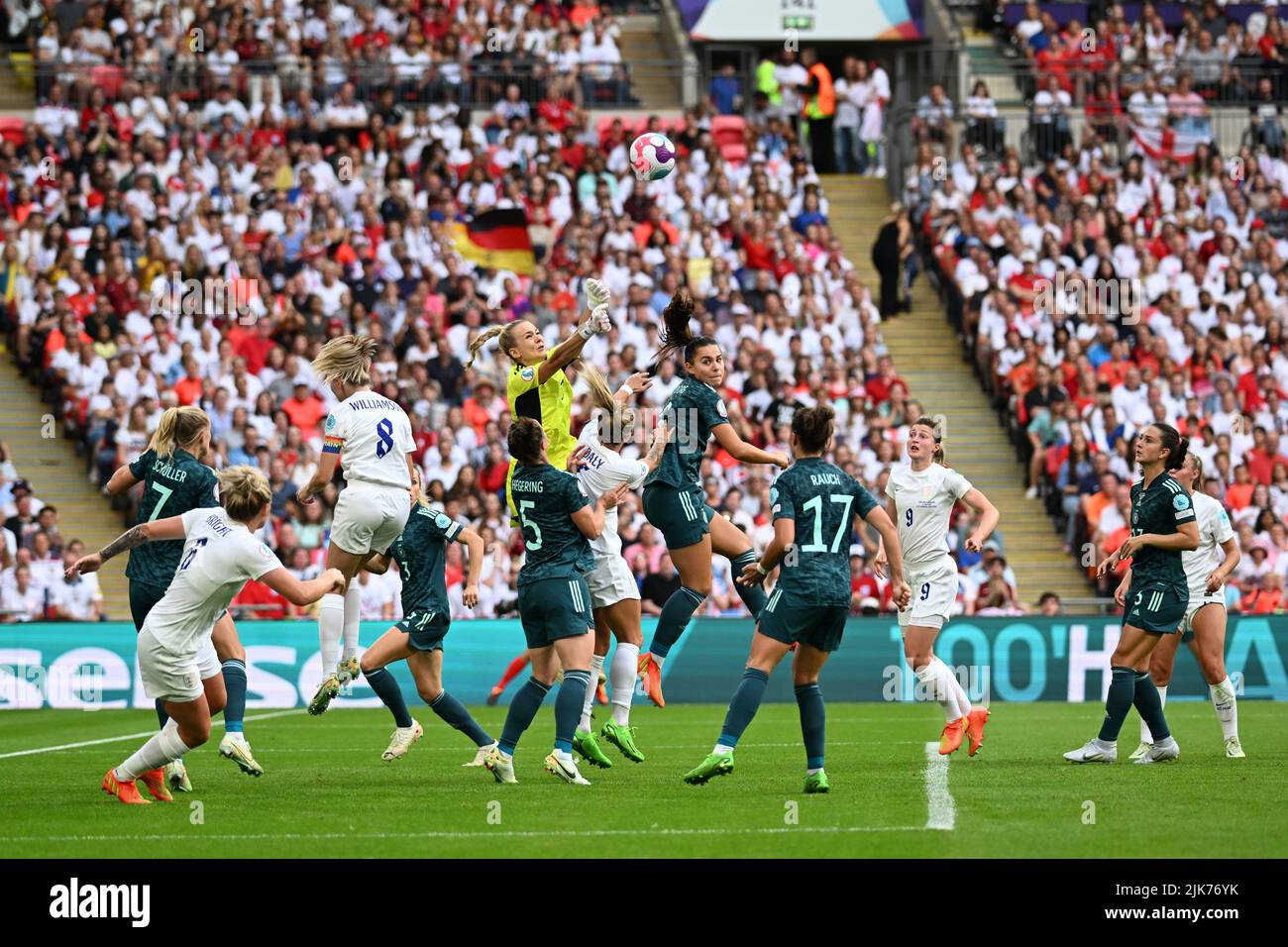 London, UK. JULY 31st. Merle Frohms of Germany makes a save during the UEFA Women's European Championship match between England and Germany at Wembley Stadium, London on Sunday 31st July 2022. (Credit: Pat Scaasi | MI News) Credit: MI News & Sport /Alamy Live News Stock Photo