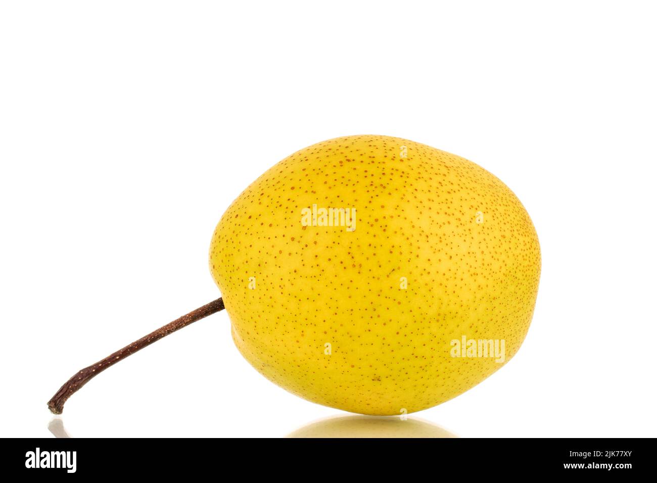 One organic bright yellow pear, close-up, isolated on white background. Stock Photo