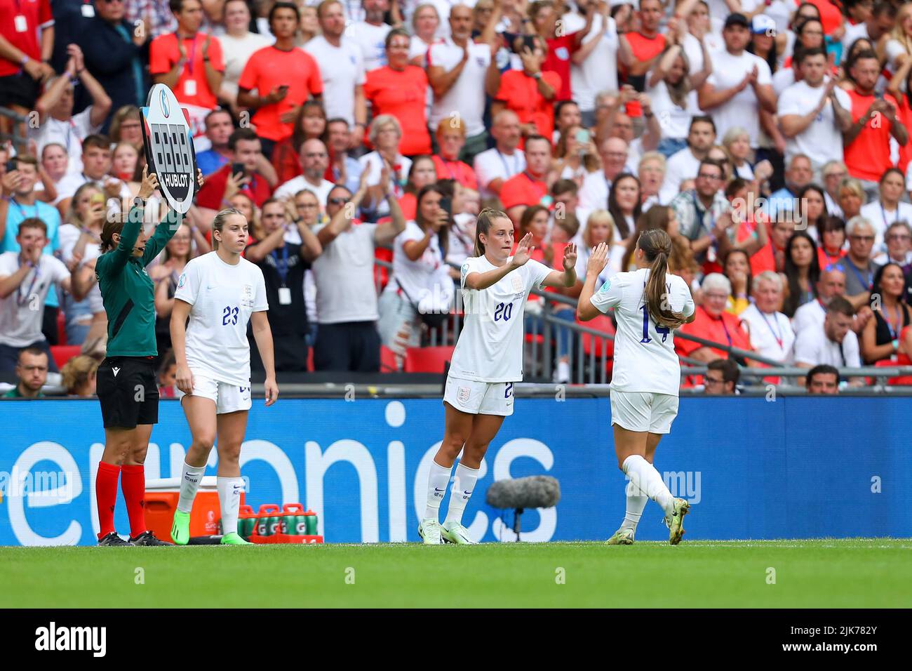 London, UK. 31st July, 2022. 31st July 2022; Wembley Stadium, London, England: Womens European International final, England versus Germany: Ella Toone of England comes on for Fran Kirby with Alessia Russo also waiting to come on. Credit: Action Plus Sports Images/Alamy Live News Credit: Action Plus Sports Images/Alamy Live News Stock Photo