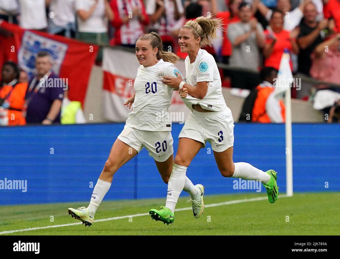 England's Ella Toone (left) celebrates with Rachel Daly after scoring their side's first goal of the game during the UEFA Women's Euro 2022 final at Wembley Stadium, London. Picture date: Sunday July 31, 2022. Stock Photo