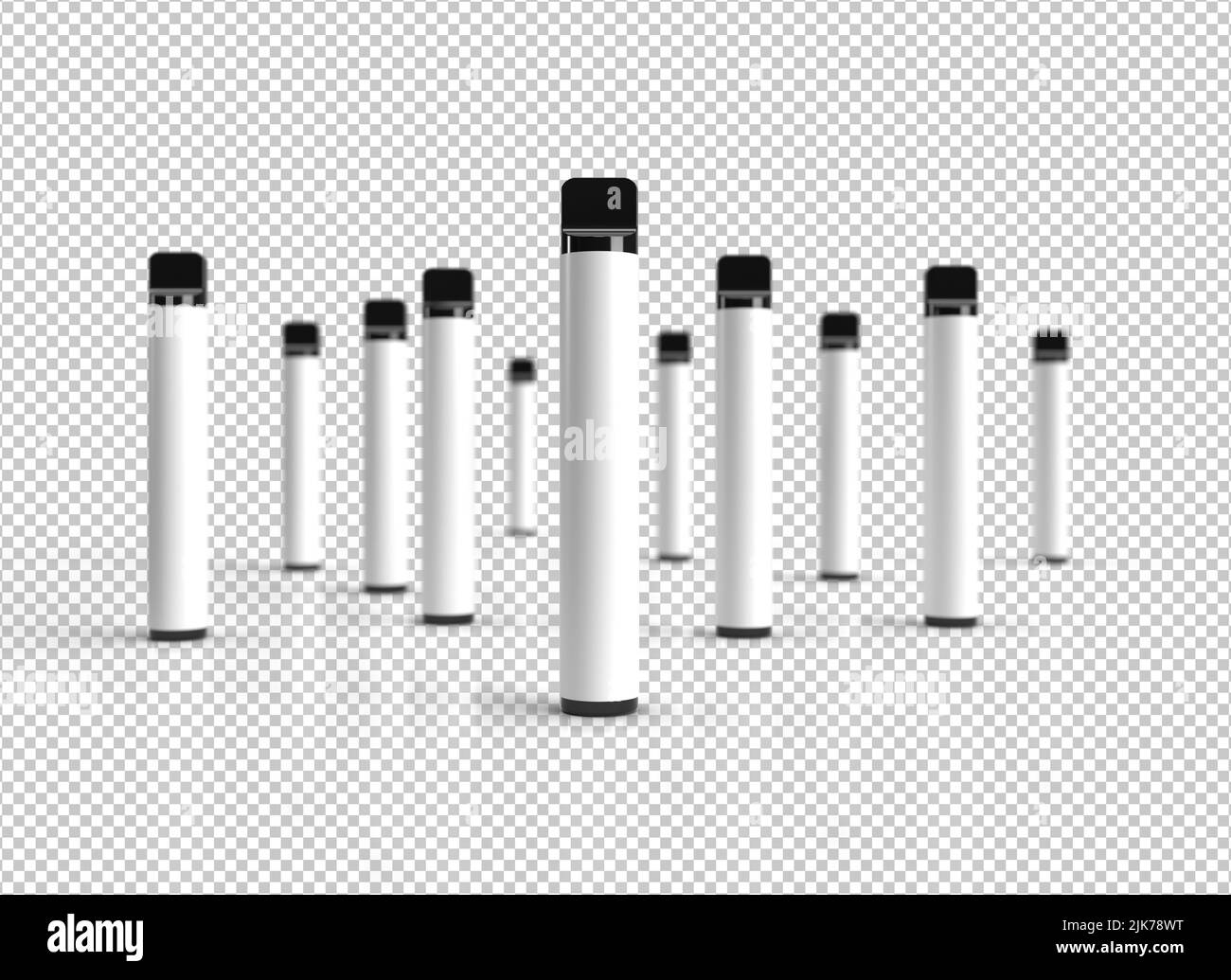 Disposable vape pen sticks scene isolated on a white background with white labels for copy space. 3D render illustration. Stock Photo