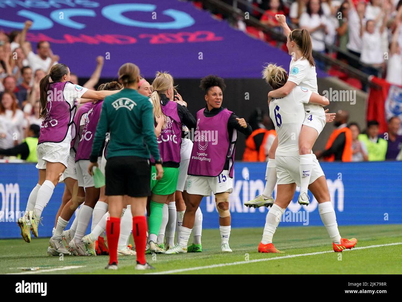 England's Keira Walsh (right) celebrates with Millie Bright after team-mate Ella Toone (hidden) scores their side's first goal of the game during the UEFA Women's Euro 2022 final at Wembley Stadium, London. Picture date: Sunday July 31, 2022. Stock Photo