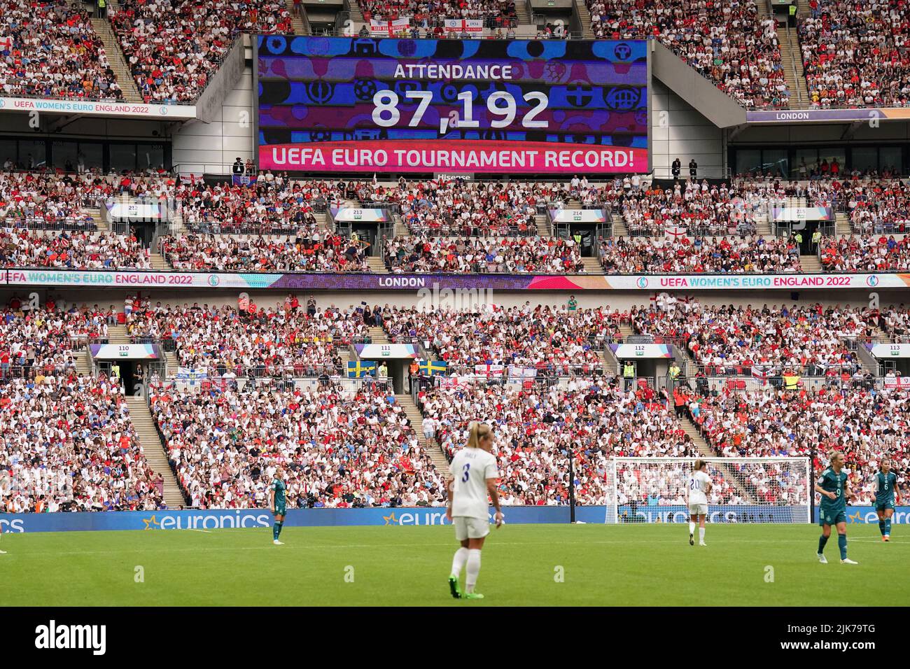 The big screen displays the record attendance for a UEFA Euro tournament during the UEFA Women's Euro 2022 final at Wembley Stadium, London. Picture date: Sunday July 31, 2022. Stock Photo