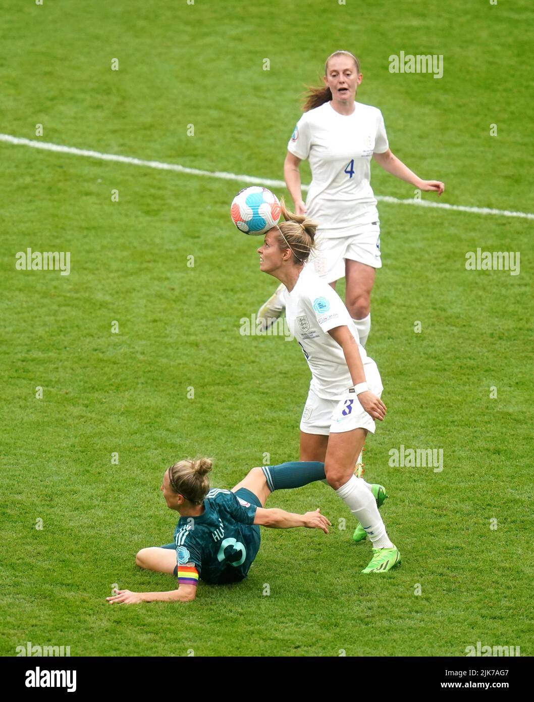England's Rachel Daly controls the ball from pressure from Germany's ...