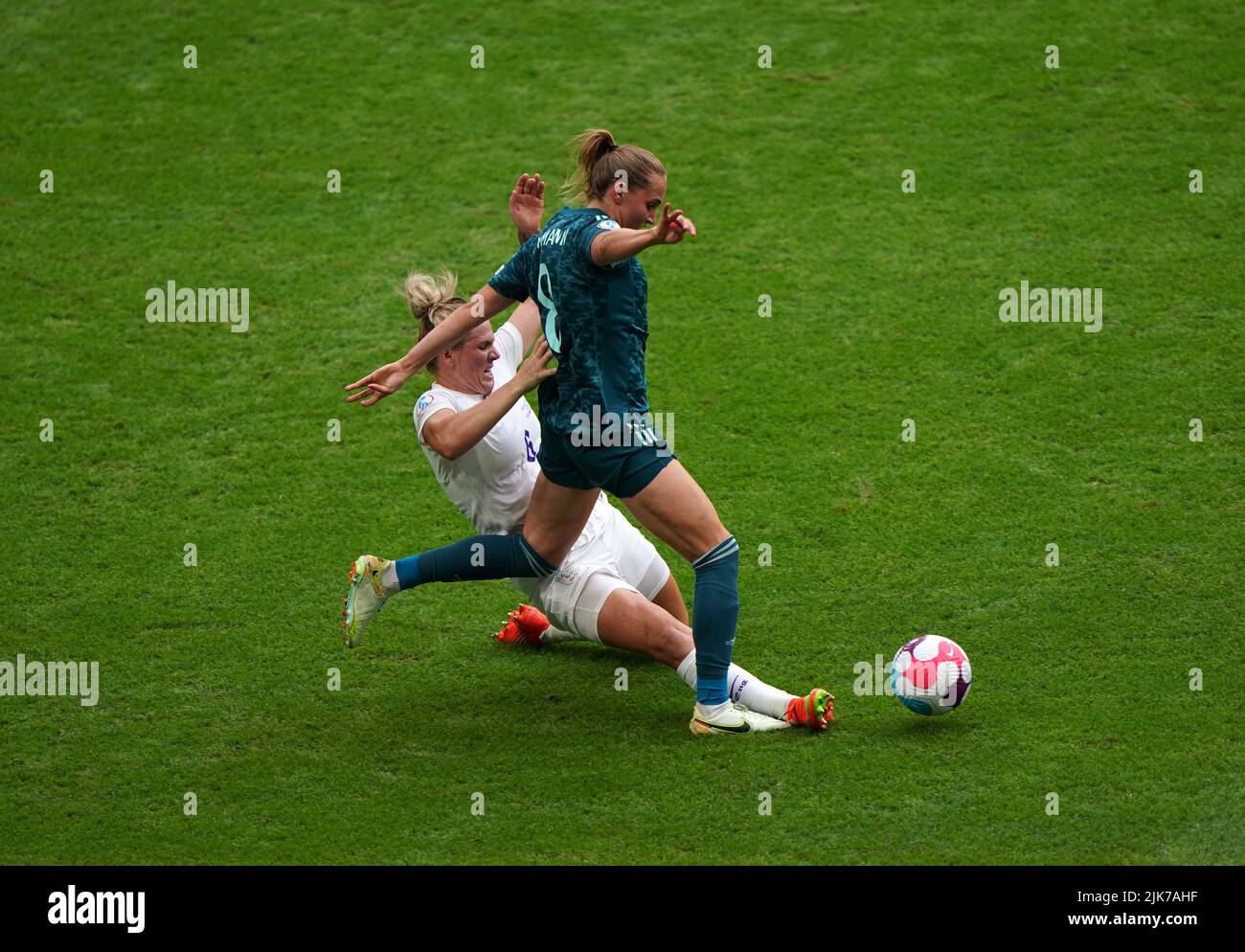 England's Millie Bright tackles Germany's Sydney Lohmann during the