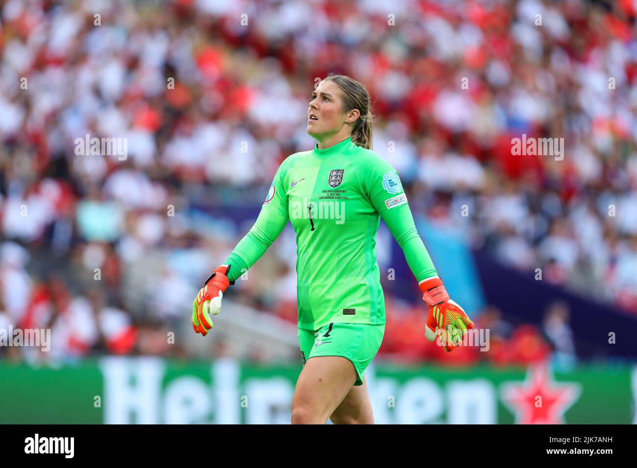 London, UK. 31st July, 2022. 31st July 2022; Wembley Stadium, London, England: Womens European International final, England versus Germany: goalkeeper Mary Earps of England during a stoppage in play for a German player to receive treatment for injury. Credit: Action Plus Sports Images/Alamy Live News Credit: Action Plus Sports Images/Alamy Live News Stock Photo