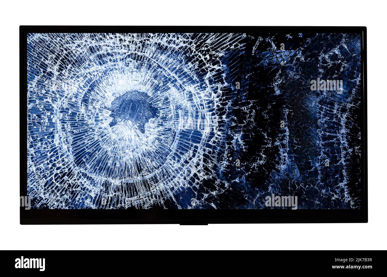 Black tv display or pc screen with broken screen isolated on white