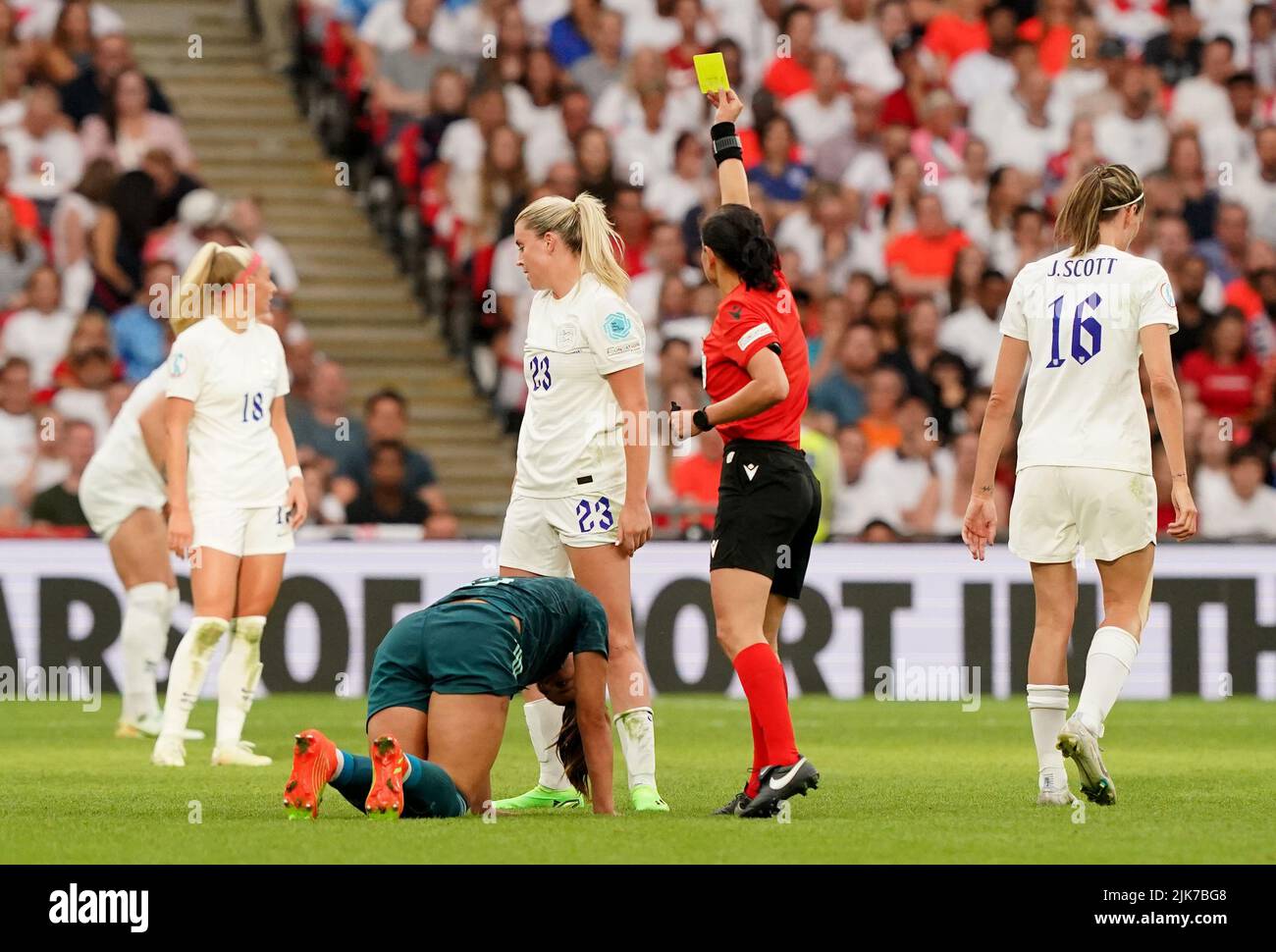 England's Alessia Russo is shown a yellow card by referee Kateryna Monzul during the UEFA Women's Euro 2022 final at Wembley Stadium, London. Picture date: Sunday July 31, 2022. Stock Photo