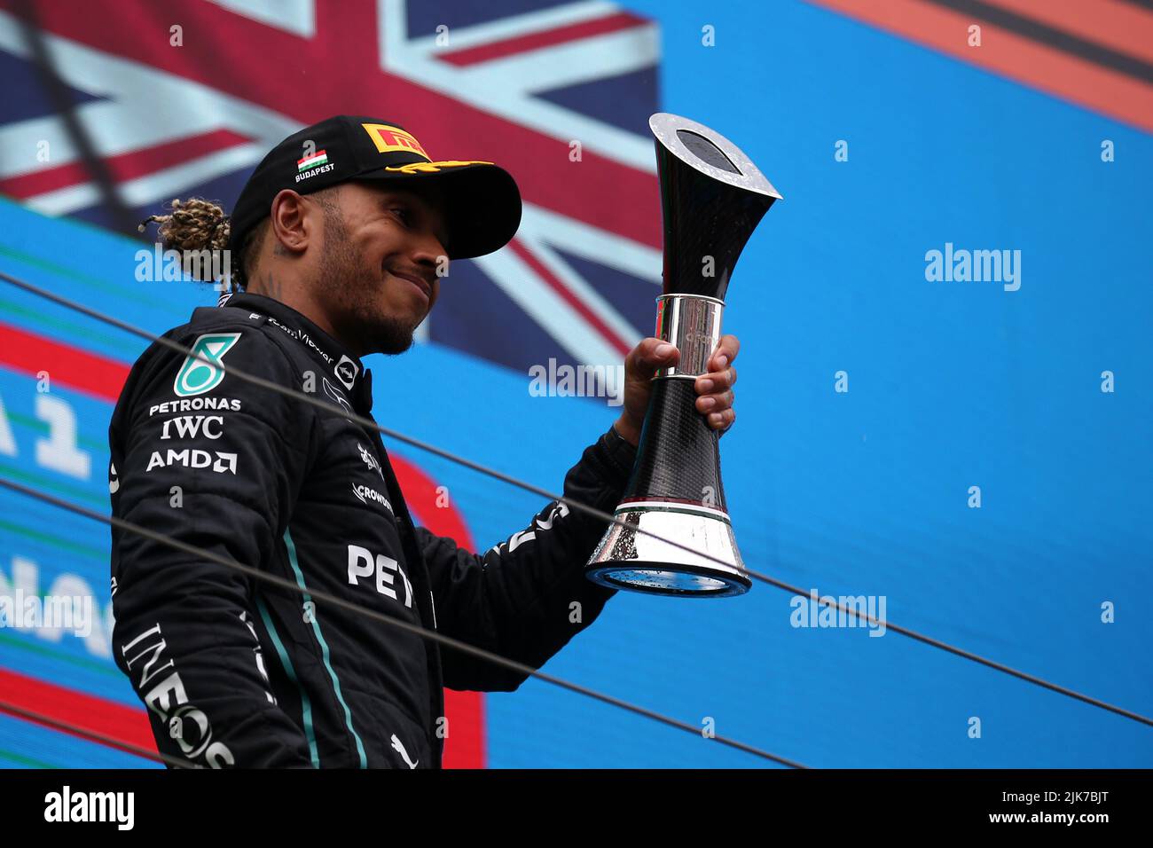 Lewis Hamilton of Mercedes AMG Petronas F1 Team  on the podium after  the F1 Grand Prix of Hungary at Hungaroring on July 31, 2022 Mogyorod, Hungary. Stock Photo