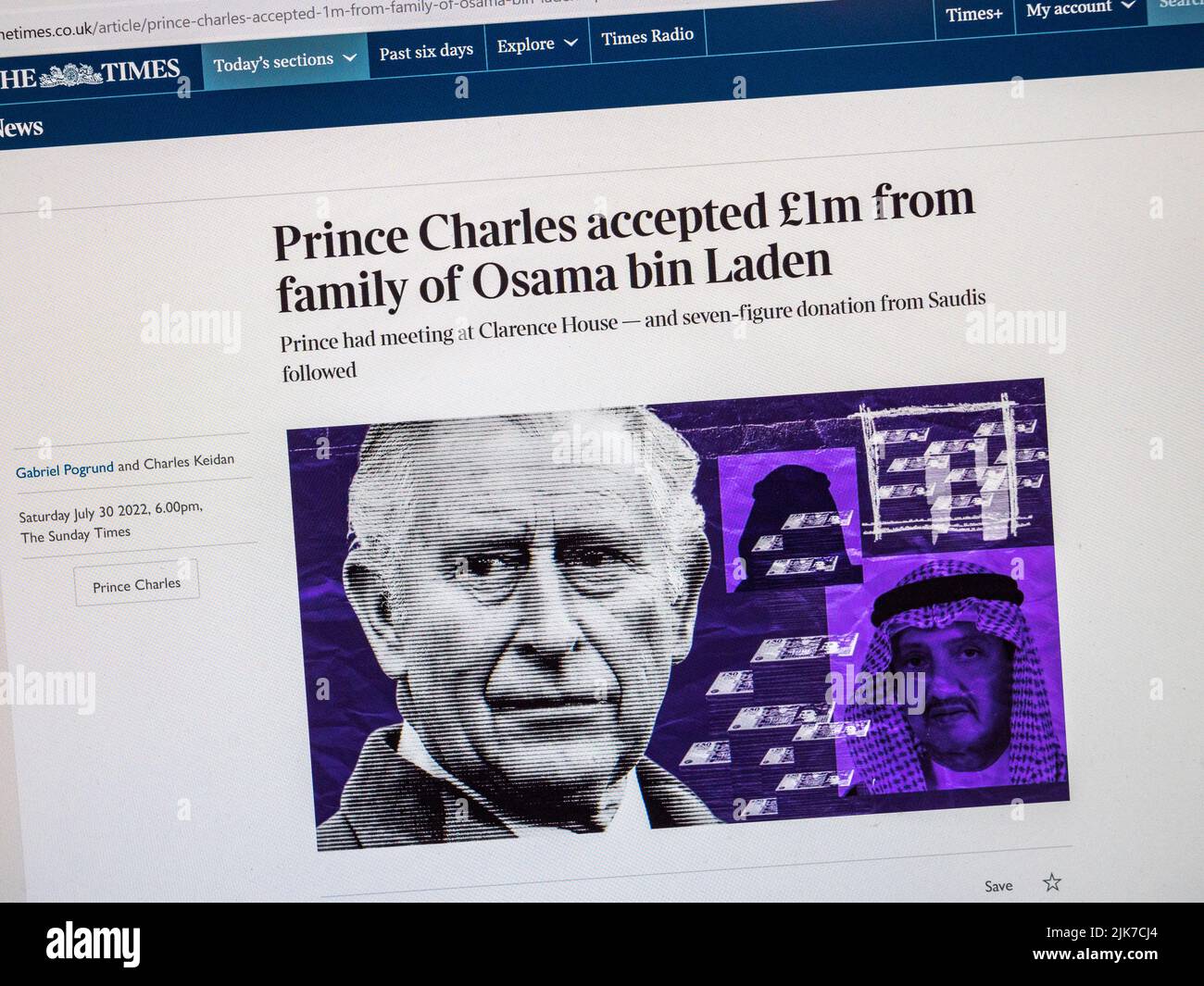 'Prince Charles accepted £1m from family of Osama Bin Laden' headline on the Times newspaper web site on 30th July 2022. Stock Photo
