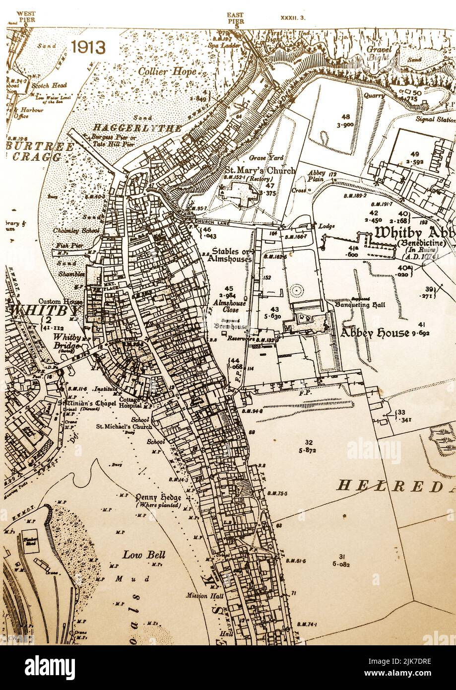 A 1913 map of the, mainly east side of the town of Whitby, North Yorkshire as it was at that time. Stock Photo