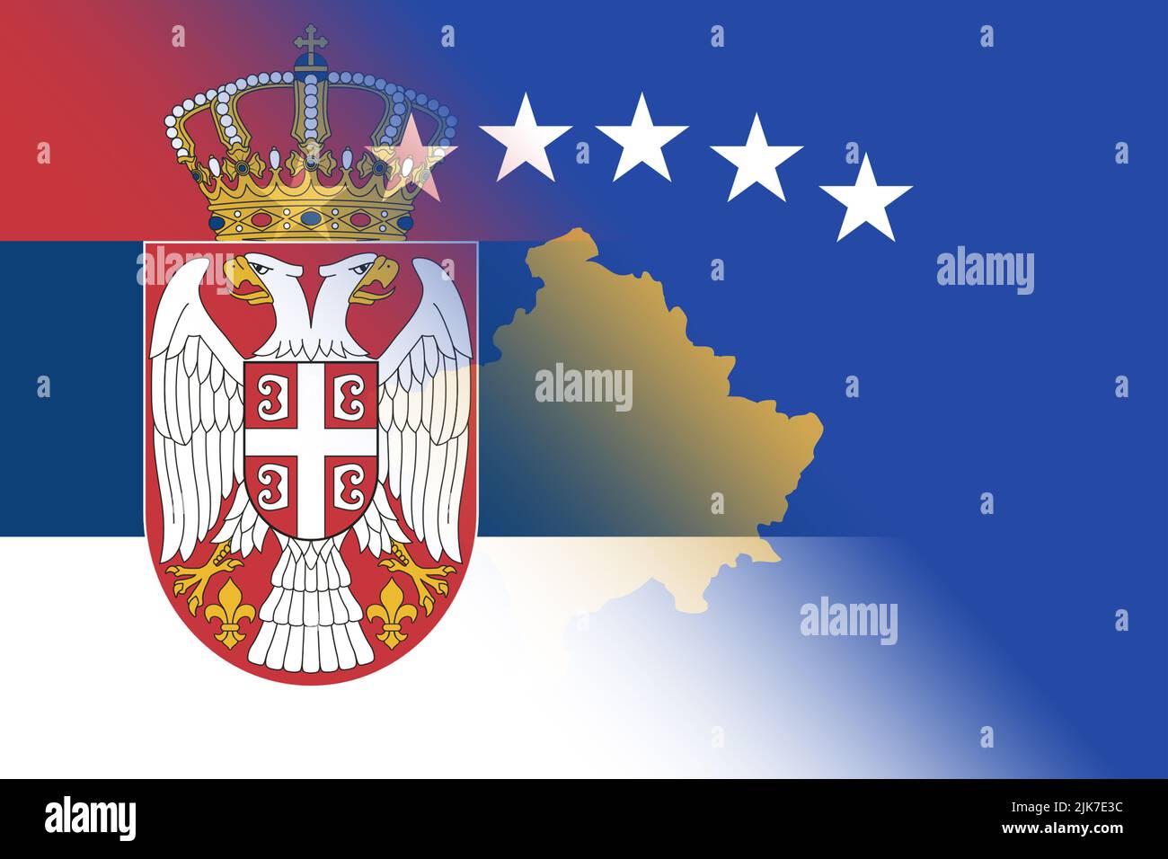 Kosovo-Serbia. Conflict between Kosovo and Serbia war concept. Kosovo flag and Serbia flag background. Horizontal design. Abstract design. Stock Photo