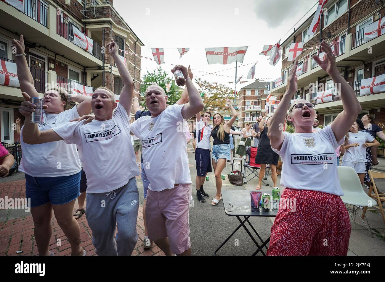 London, UK. 31st July, 2022. UEFA Womens EURO 2022: England vs Germany. Residents of the Kirby estate in Bermondsey celebrate full-time and Englands win. Credit: Guy Corbishley/Alamy Live News Stock Photo