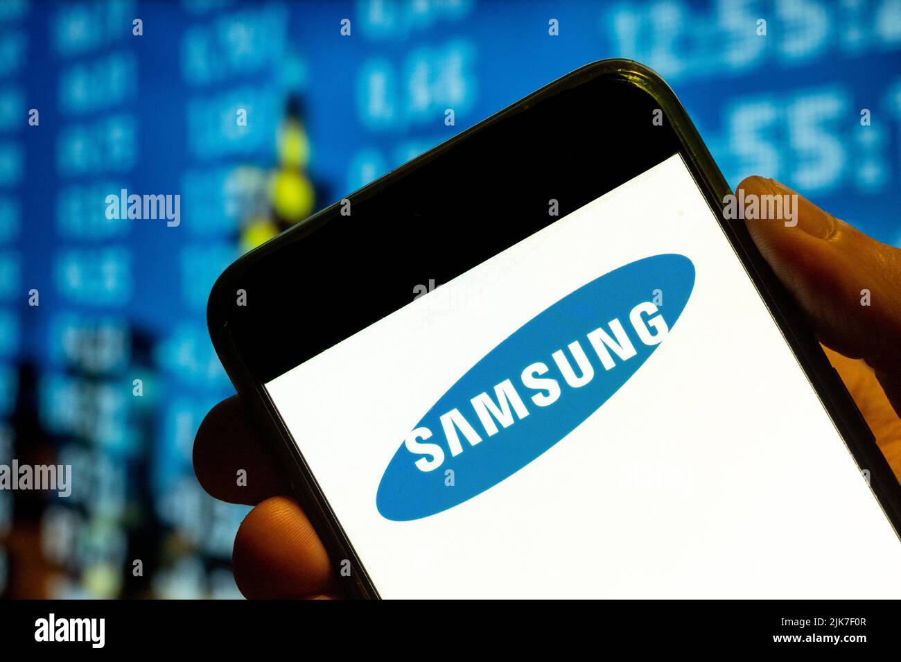 In this photo illustration, the South Korean multinational electronics  conglomerate Samsung logo is displayed on a smartphone screen Stock Photo -  Alamy, image size:1300x955