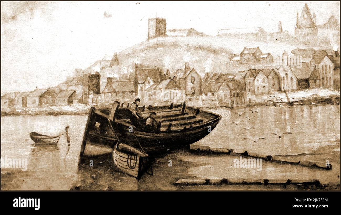 An old drawing /painting /sketch/ scene of a clinker-built fishing coble in Whitby harbour, NorthYorkshire. In the background is the Eastern side of Whitby  showing the  Parish Church, Abbey and many demolished buildings including St Michael's Church ,St Michaels school and the Board School (all three to the right) Stock Photo