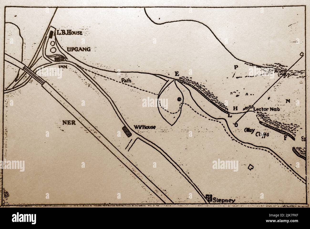 An old map of Whitby (North Yorkshire) district showing the west cliff as it was between Upgang and what is now the football field including the lifeboat house at Upgang (LB House) and the old Mulgrave Castle inn nearby that has now fallen into the sea. it also shows the railway (NER), the White House hotel, cliff footpath  and brickworks (building above Stepney) which may have housed the largely undocumented Brick Kiln Inn. Stock Photo