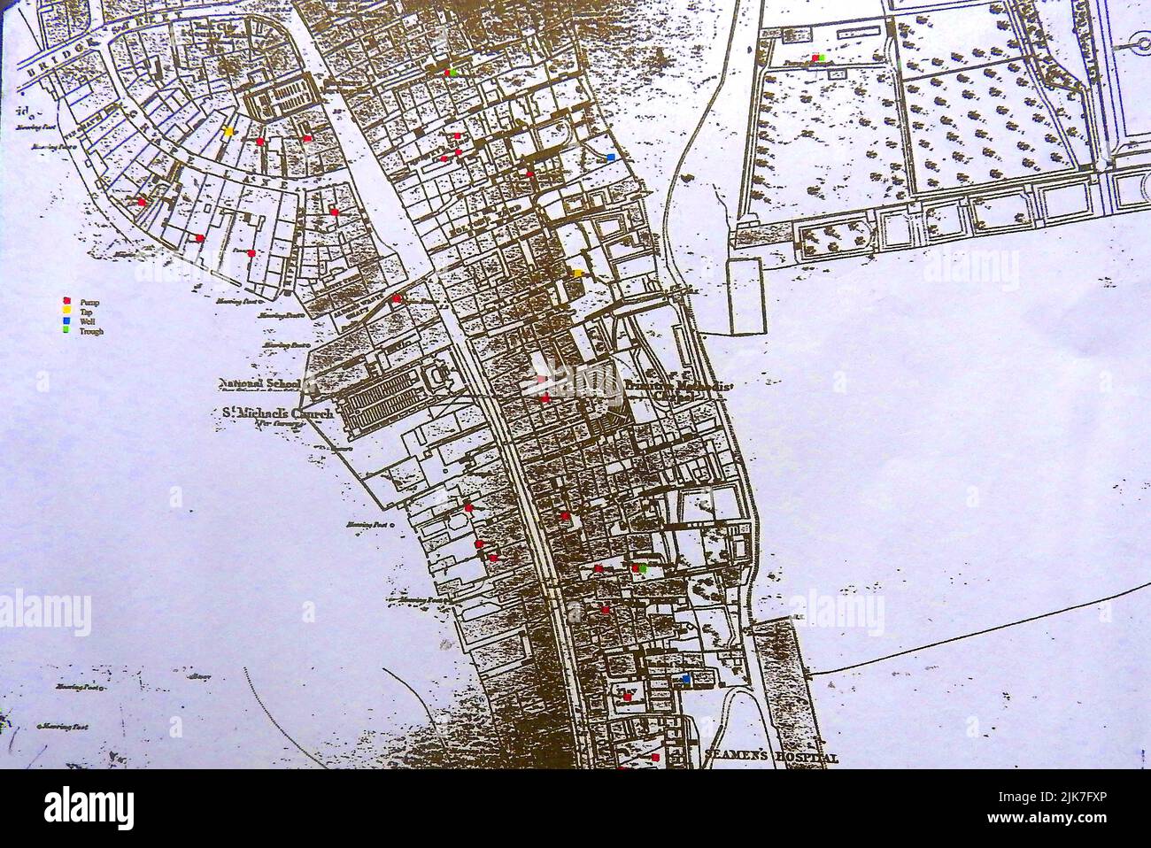 An old map of the east side of  Whitby (North Yorkshire) showing  the towns water supply points, (taps, wells and water troughs-colour coded) Stock Photo