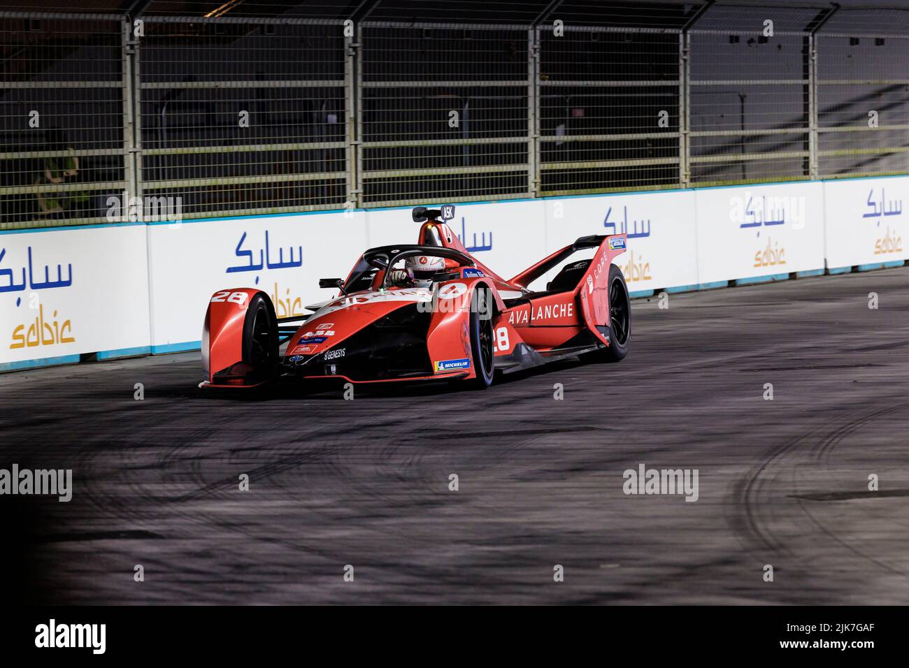 London, UK. 31st July 2022;  ExCel E-Prix Circuit, Docklands, London, England; ABB Formula E World Championship, Race 2: Number 28 Avalanche Andretti Formula E car driven by Oliver Askew during the London Formula E race Credit: Action Plus Sports Images/Alamy Live News Stock Photo